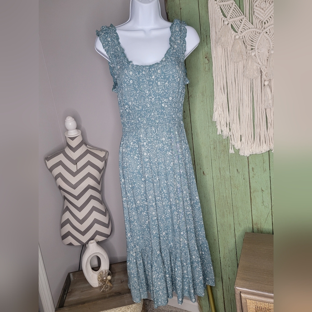 Small Smock Floral Blue Maxi Dress
